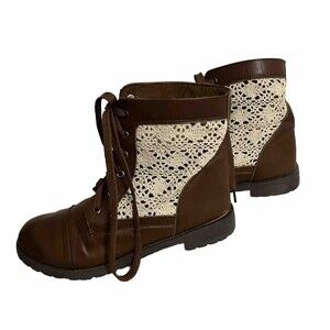 Charles Albert Brown and White Crochet Lace Up Ankle Boots Western Cowgirl